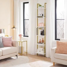 HOOBRO DIY Ladder Shelf 6-Tier Wooden Wall Mounted Bookshelf Gold Bookcase