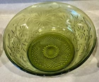 Vintage Avocado Green Candy Dish Round Glass Bowl  Daisy Pattern 7 Inch