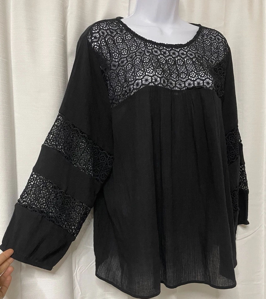 Blusa boho Old Navy para mujer Top negra de algodón gasa crochet encaje talla XL Foto 2 de 4