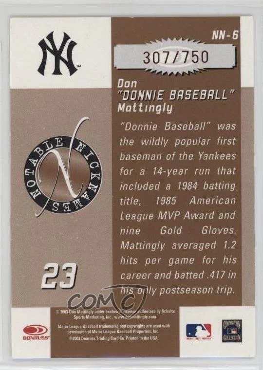 2003 Donruss Signature Series Notable Nicknames /750 Don Mattingly #NN-6 - Image 2 of 2