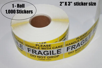 FRAGILE HANDLE WITH CARE Stickers Mailing Labels 2 x 3 YELLOW 1,000 Roll