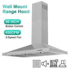 450CFM Kitchen 36in Wall Mounted Range Hood Stainless Steel Stove Vent 3-Filters