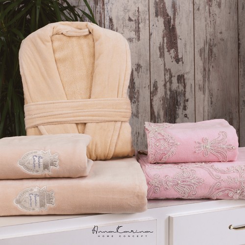 Cansu Samt Badetücher-Set 2x Bademantel 2x Badetuch 2x Handtuch Crem Cappuccino - Picture 7 of 13