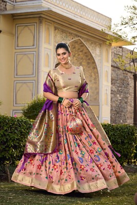 Indian Style Jacquard Silk Lehenga Choli With Peach Dupatta For