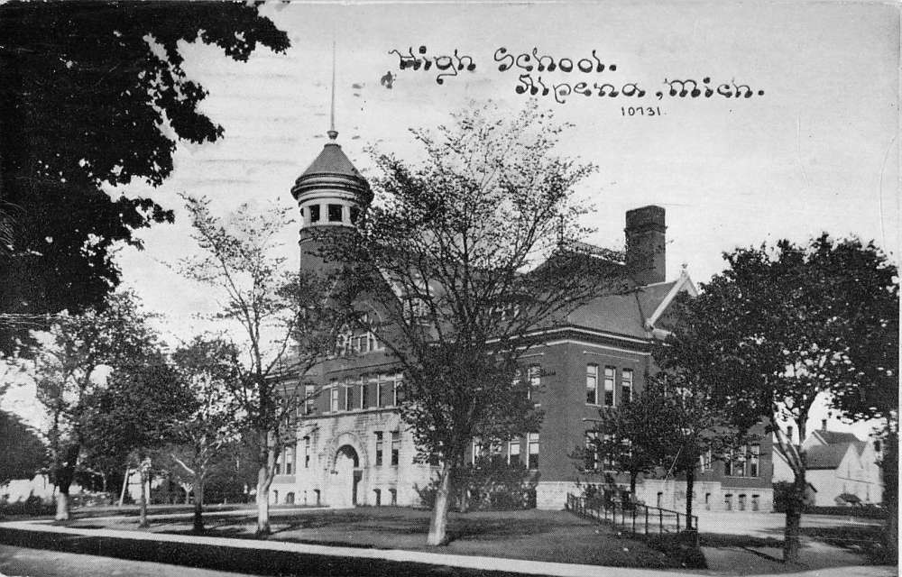 Alpena Michigan High School Exterior Street View Antique Postcard