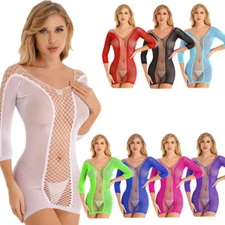 Womens Mesh Hollow Out Fishnet Mini Bodycon Dress See-through Babydoll Nightwear