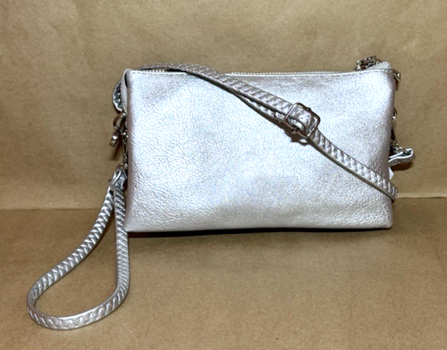Jen & Co. Vegan Riley Crossbody Shoulder Bag Purse Wristlet Strap Silver NWT