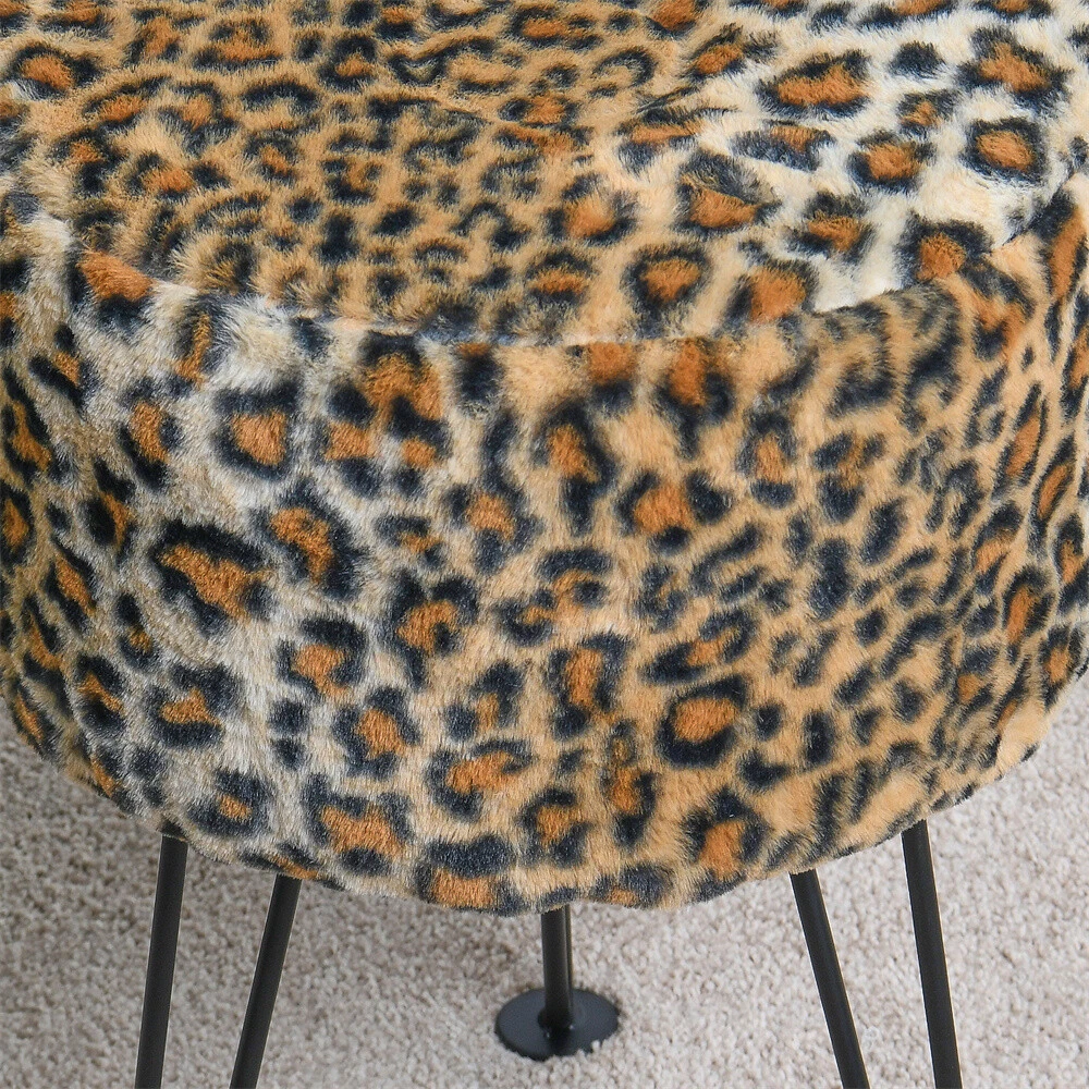 Modern Mink Footstool Vanity Bench Leopard Furry Faux Fur Stool with Black Legs image 3