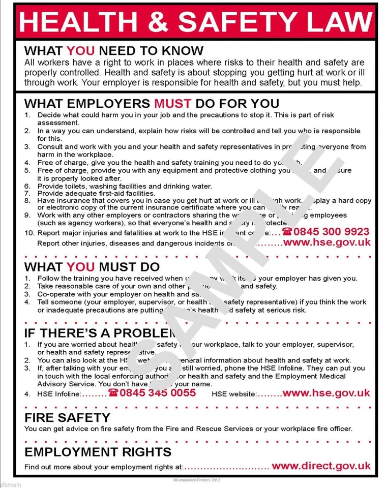 COMPLIANCE POSTERS UK HEALTH AND SAFETY LAW A4 POSTER