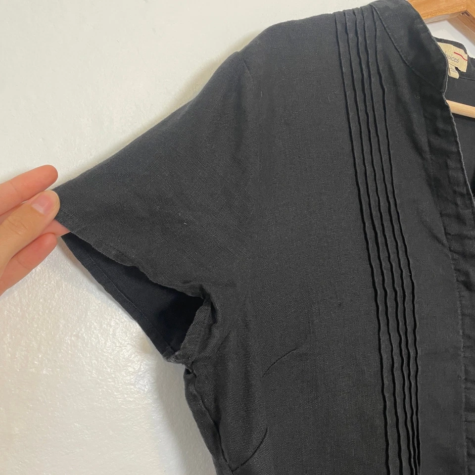 复古-黑色打褶纽扣短袖亚麻衬衫 L 码 — 第 3/4 张图片