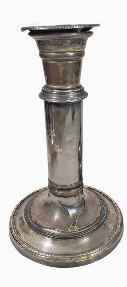 Antiguo par de candelabros antiguos Sheffield placa deslizantes borde con cuentas c. 1810 Foto 2 de 4