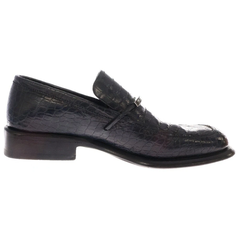 Chaussures mocassins Gucci métal logo plaque cuir crocodile bleu marine/noir pointure 42E