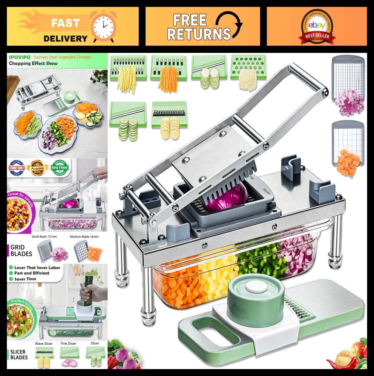 Stainless Steel Vegetable Chopper with 8 Blades, Onion Dicer & Food Grater Slice