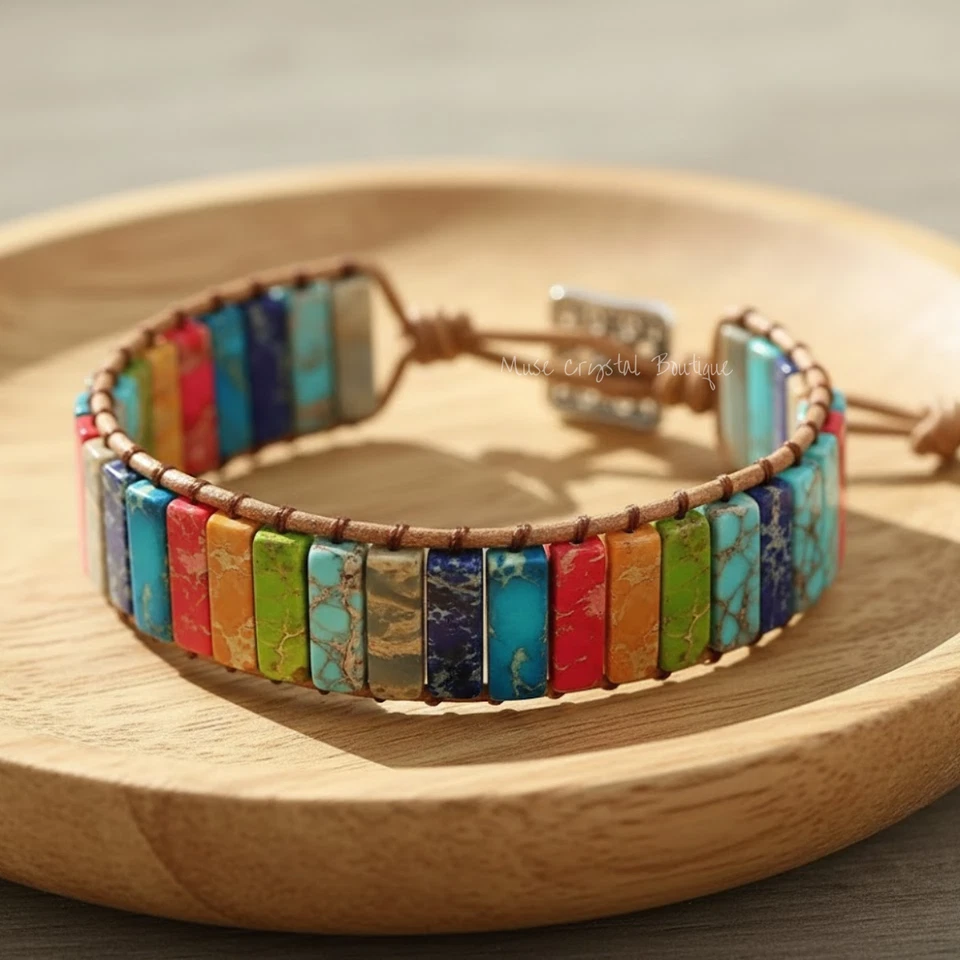 Pulsera de cristal de 7 chakras de jaspe arco iris de cuero con piedra curativa de regalo Foto 2 de 4