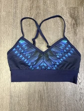 Alo Yoga Aria Bra Rich Navy Tropical Feathers Blue Pull On $60 EUC Size Small
