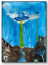 Ufo Landscape Art on Paper 14x11” Signed Contemporary CORBELLIC Cartoon