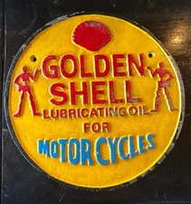 9” Cast Iron GOLDEN SHELL Sign - “LUBRICATING OIL FOR MOTORCYCLES”