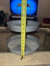 Galvanized Two Tiered Serving Stand Farmhouse 2 Tier Metal Tray Wooden Handle