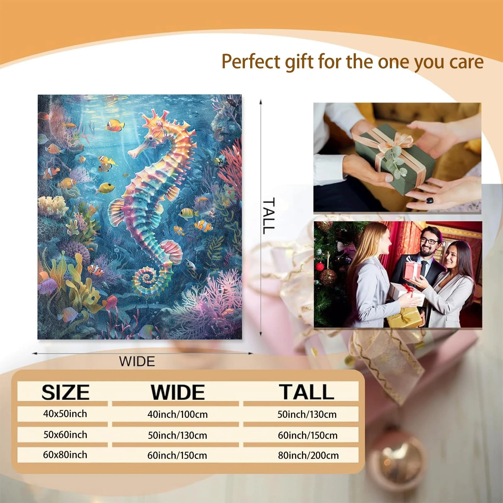 Seahorse Fleece Blanket for Women, Soft and Warm Light Blue Throw