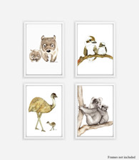 Set of 4 Watercolour Australian Animal Prints - wombat, kookaburra, emu, koala