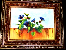 VINTAGE ORIGINAL Oil on Canvas Painting Morning Glory Flowers on Fence under Sky