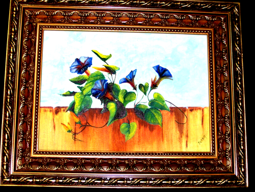 Dipinto olio su tela VINTAGE ORIGINALE gloria del mattino fiori su recinzione sotto il cielo - Foto 3 di 12