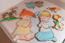 VTG 1950'S 6 PC NURSERY WALL DECOR PRAYING BOY GIRL DOG OWL COW BUNNY DOLLY TOY