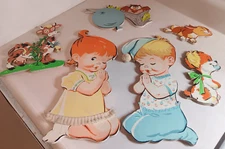 VTG 1950'S 6 PC NURSERY WALL DECOR PRAYING BOY GIRL DOG OWL COW BUNNY DOLLY TOY