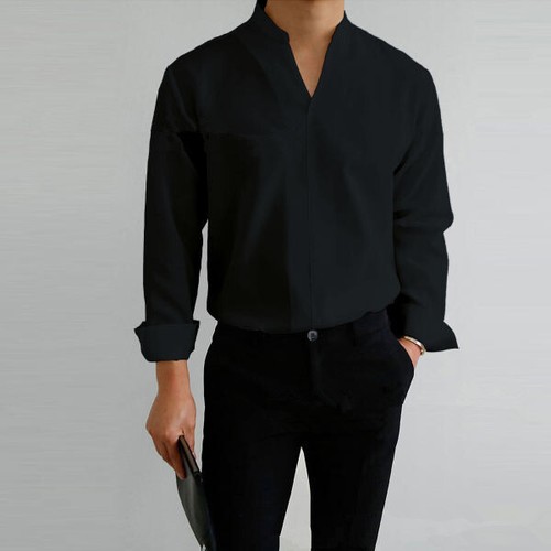 Men Casual Business Solid V Neck T Shirt Blouse Long Sleeve Stand Collar Tops - Foto 2 di 20