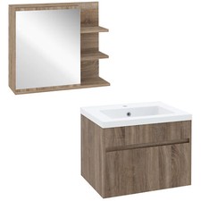 kleankin Set Specchiera Bagno e Mobile Lavabo in Legno e Ceramica Marrone