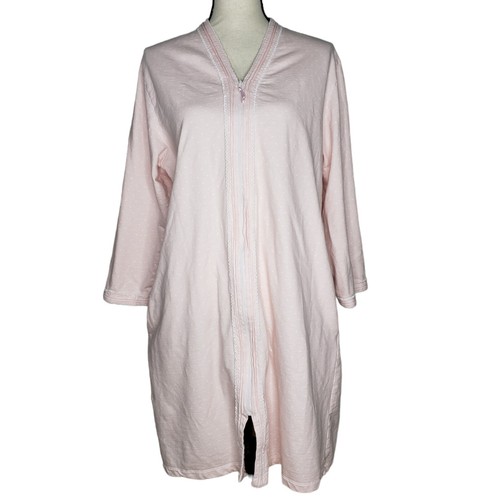 Eileen West Robe Zip Front Large Pockets Pink White Polka Dots Cotton V Neck