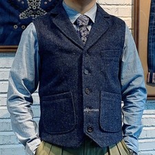 New Men Retro Lapel Gilet Suit Formal Tops Wool Tweed Waistcoat Herringbone Vest