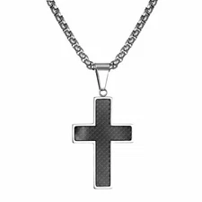 Black Carbon Fiber Silver Plated Cross Men's Pendant Necklace 21" Chain