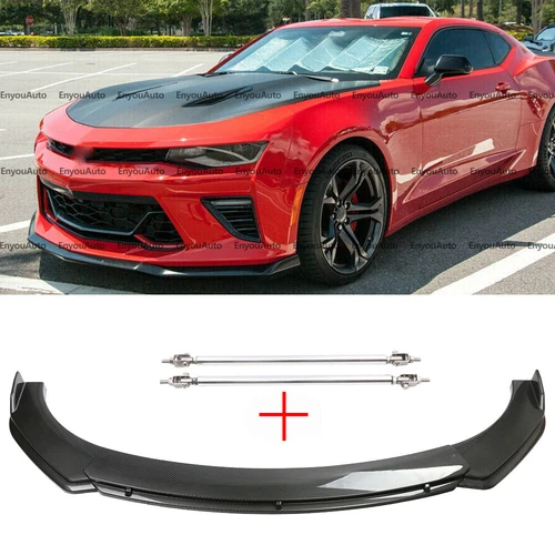 For Chevrolet Camaro Carbon Fiber Front Bumper Lip Spoiler Splitter + Strut Rods