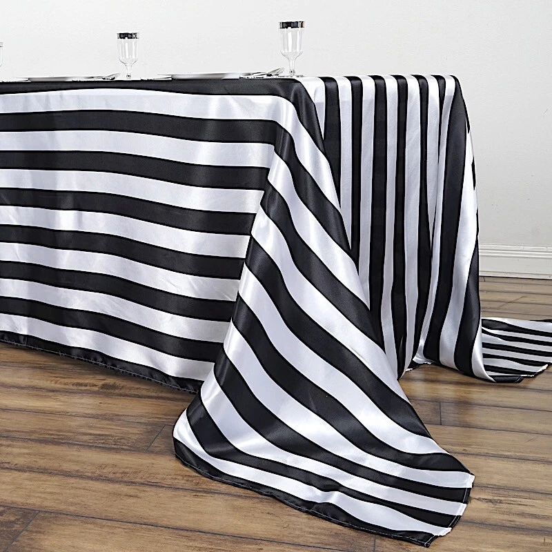 BLACK WHITE 90x132" Stripes Satin Rectangular Tablecloth Wedding Party Linens - Image 4 of 4