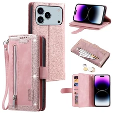 For iPhone 17 Pro Max /16/15/14 PU Leather Card Holder Bling  Wallet Phone Case