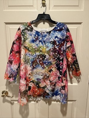 Caroline Rose Women s Fab Art-Wear Lace Overlay Cut-Away Blouse Top Size Large