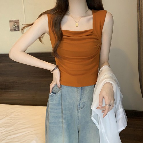 Lady Pleated Vest Top Square Neck Tank Top Slim Sleeveless Camisole Vest Top Tee - Picture 12 of 17