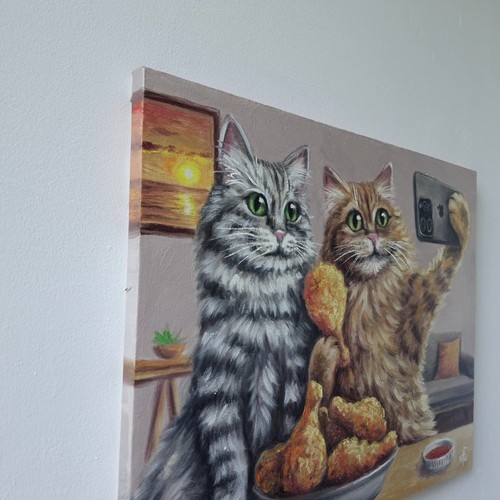 Ukrainian Artist Oil Painting Cat Couple Selfie Humor Wall Art Home Decor Gift - Picture 10 of 24