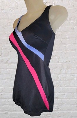 Vtg Mainstream Pinup One Piece Swimsuit Size 14 Black Pink Blue Stripes Retro