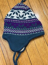 Smiley Ski Ear Flap Hat Sz Small Purple Green White 100% Wool Tassel Made In USA