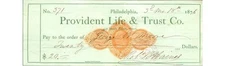 Provident Life & Trust Check 1876 PA Banking Ephemera, Philadelphia, Document