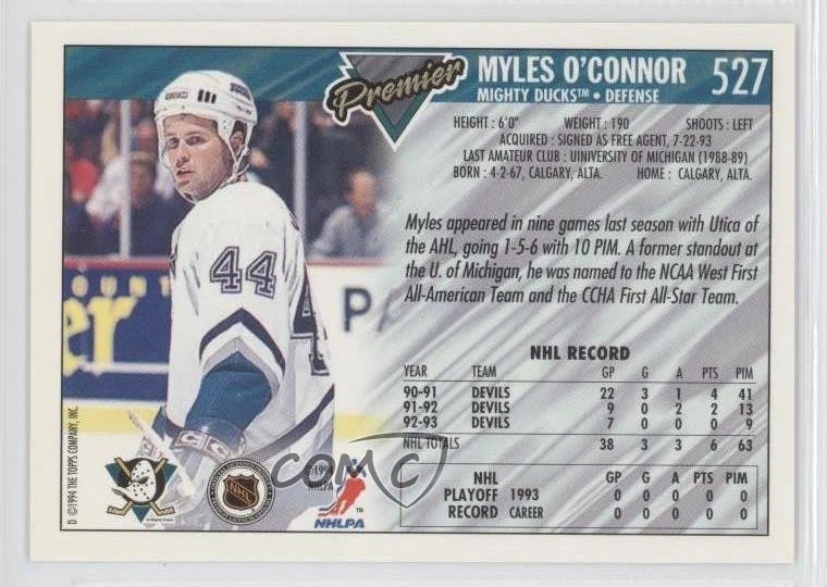 1993-94 Topps Premier Gold Premier Myles O'Connor #527 - Image 2 of 2