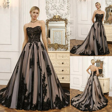 Gothic Black Wedding Dresses Lace Applique A-Line Strapless Backless Bridal Gown