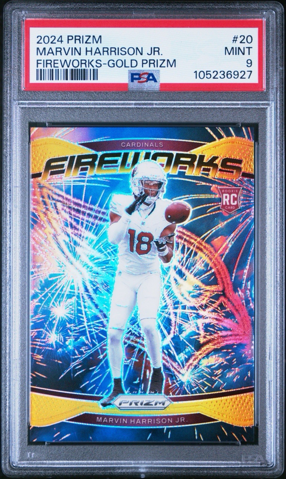MARVIN HARRISON JR. PSA 9 2024 PANINI PRIZM #20 ROOKIE FIREWORKS GOLD 1/10