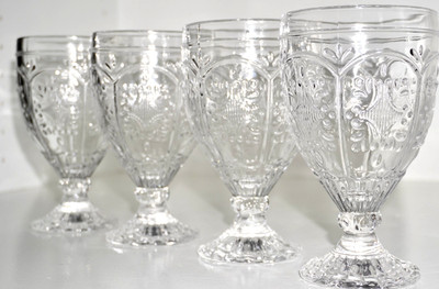 Heart & Fleur-de-lis Water Goblets - Set of 4 - Victorian Revival Pressed Glass