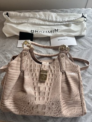 Brahmin Beige Croc Embossed Satchel Turn Lock, Medium, Detachable Strap