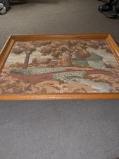 Vintage Raised Quilted Country Tapestry Trapunto Fabric Picture W/ Oak Frame
