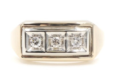Men's 3-Stone 10KT Two-Tone Gold 0.18 Ctw Round Diamond Statement Ring TG - 4.6g