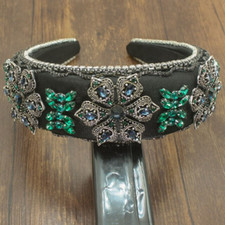 LUXURY HANDMADE BLACK PADDED HEADBAND, FLOWERS, BRAID  NAVY/GREEN RHINESTONES